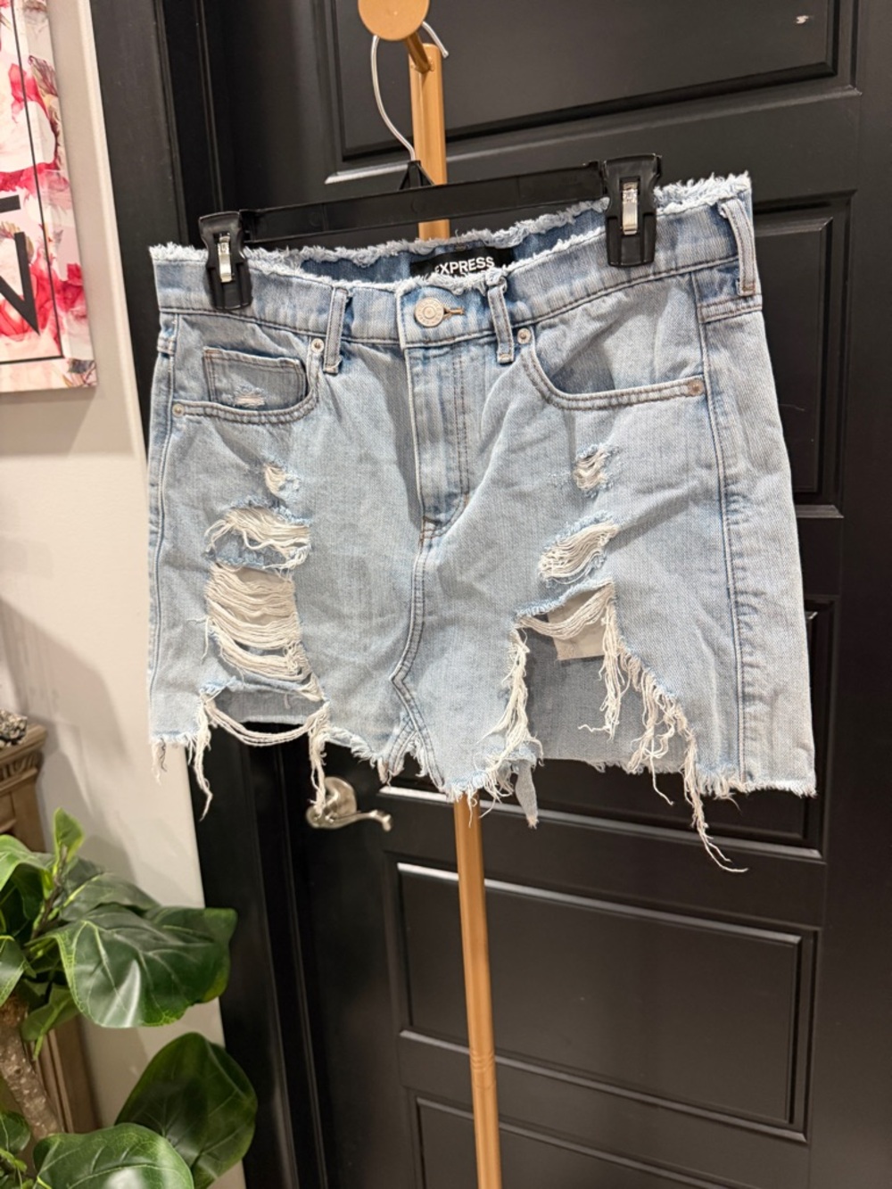 Express Light Wash Distressed Denim Mini Skirt